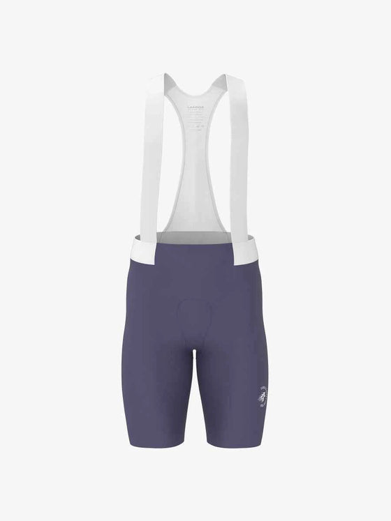 Dark purple lameda dash men cycling bib shorts with white adjustable waistband straps and subtle lower leg logo