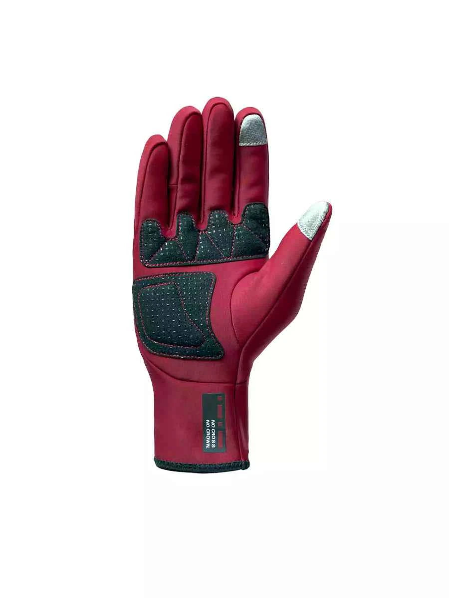 Vista posterior de guantes de ciclismo forrados de polar 6097 en rojo con paneles reforzados negros y puntas de dedos plateadas compatibles con pantalla táctil para condiciones de 0-15 °C