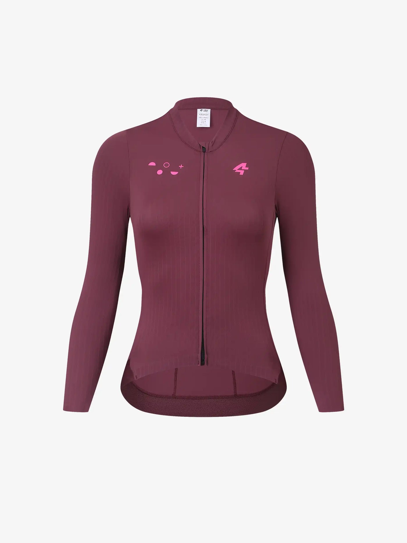 Roam damernas långärmad cykeltröja i vinröd med rosa logotyp och diskreta grafiska detaljer för aktivt bruk
