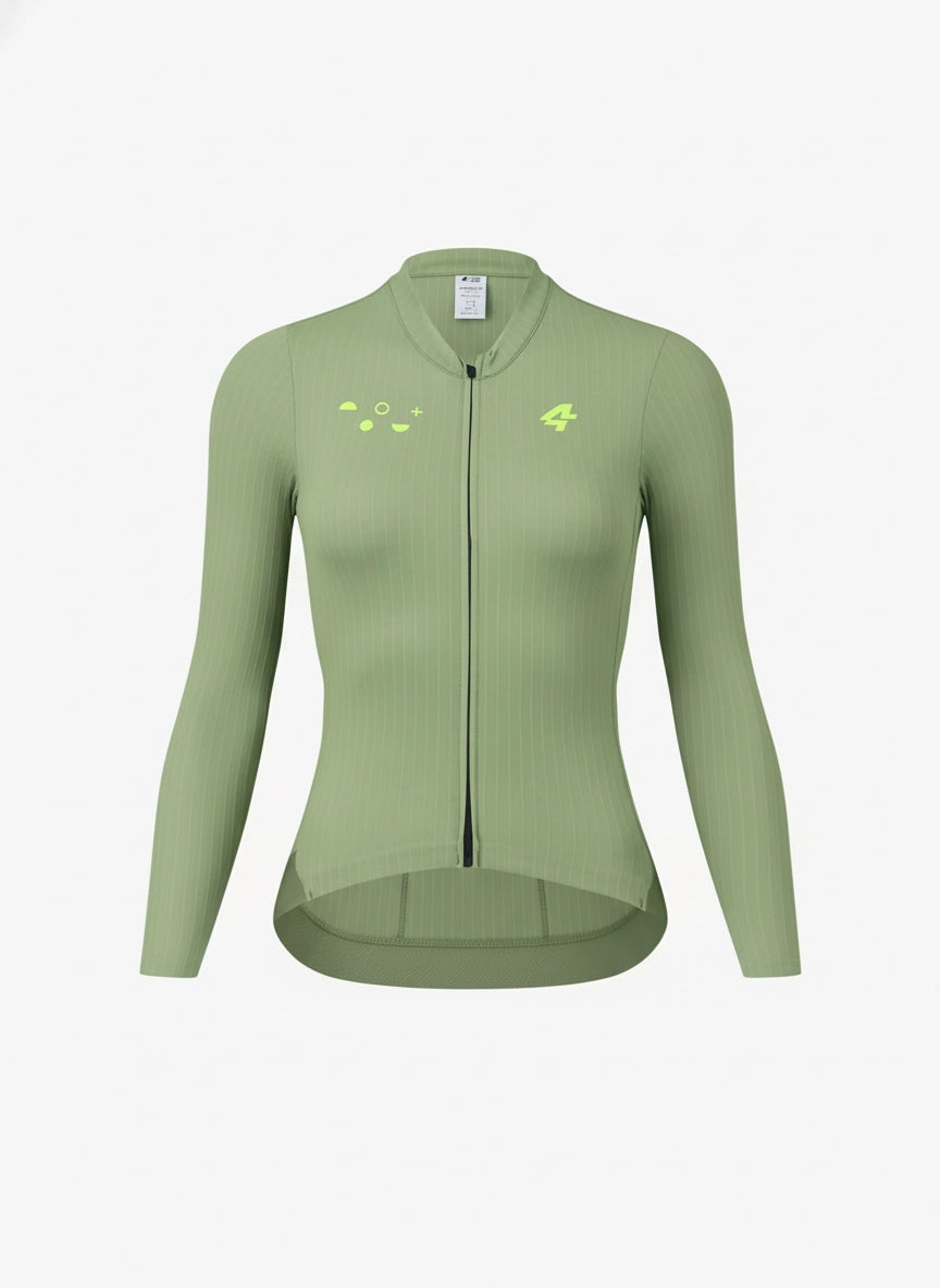 Strömlinjeformad olivgrön långärmad Roam damcykeltröja med neongul logotyp och minimalistiska grafiska detaljer