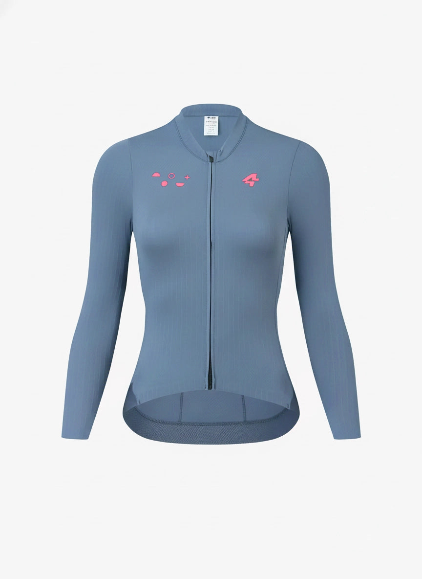 Roam långärmad damcykeltröja i blått med strömlinjeformad design, rosa logotypdetaljer och helblixtlås