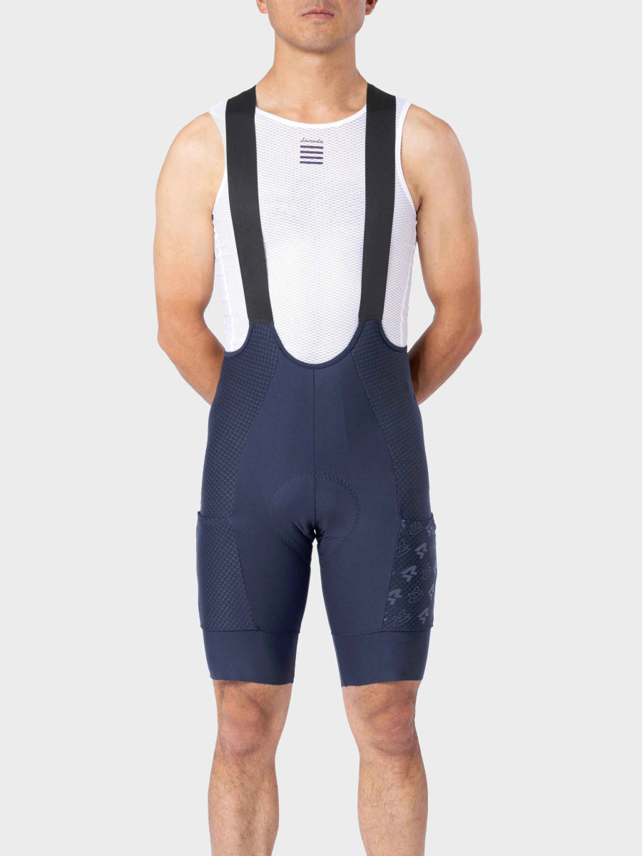 marinblå LAMEDA azure drift cykelhängbyxor för män med svarta hängremmar och sidofickdetaljer av jacquardtyg
