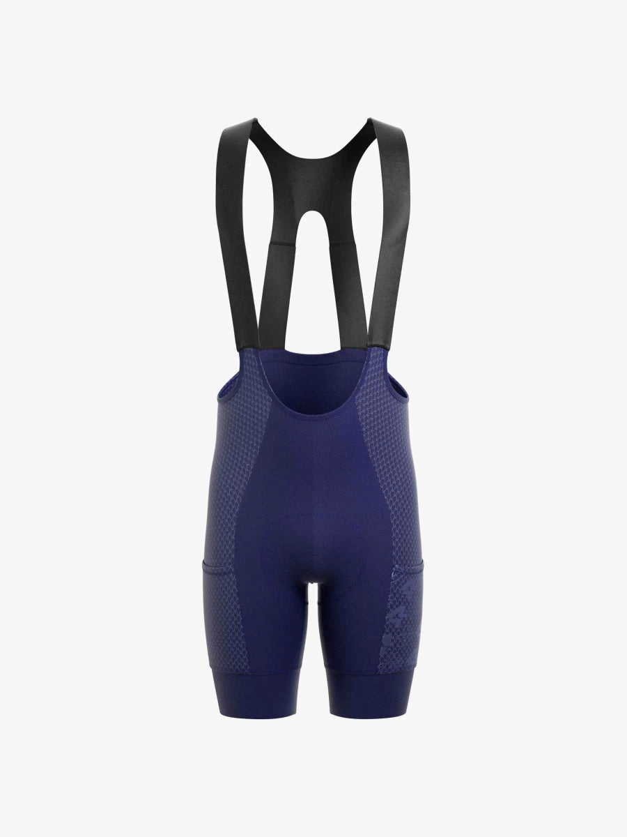 Marinblå LAMEDA azure drift cykelhängshorts för män av jacquardtyg med svarta justerbara hängremmar med nätsidor