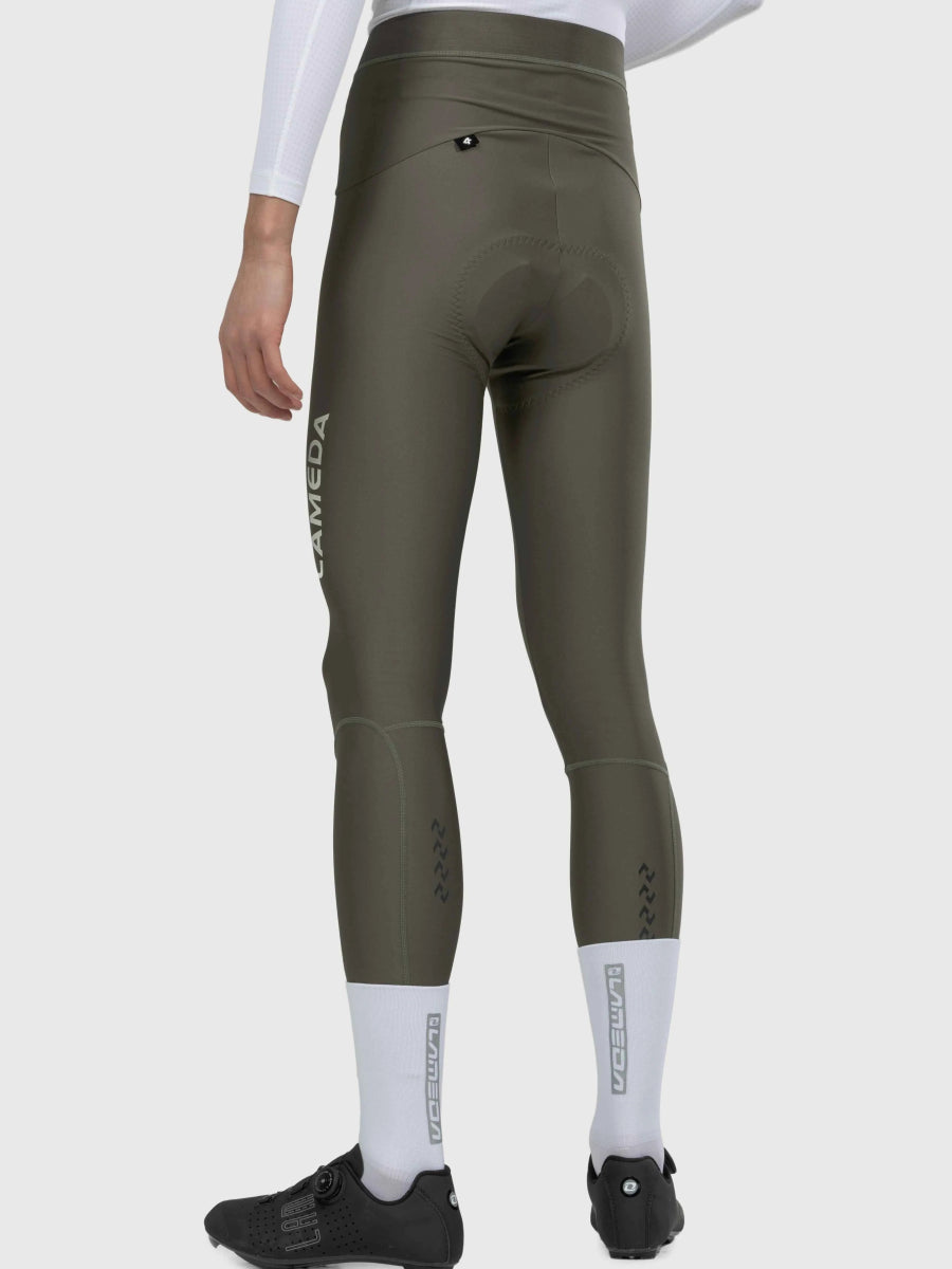 Olive green lameda chic men’s cycling tights with padded seat and white sock accents for men’s cycling use