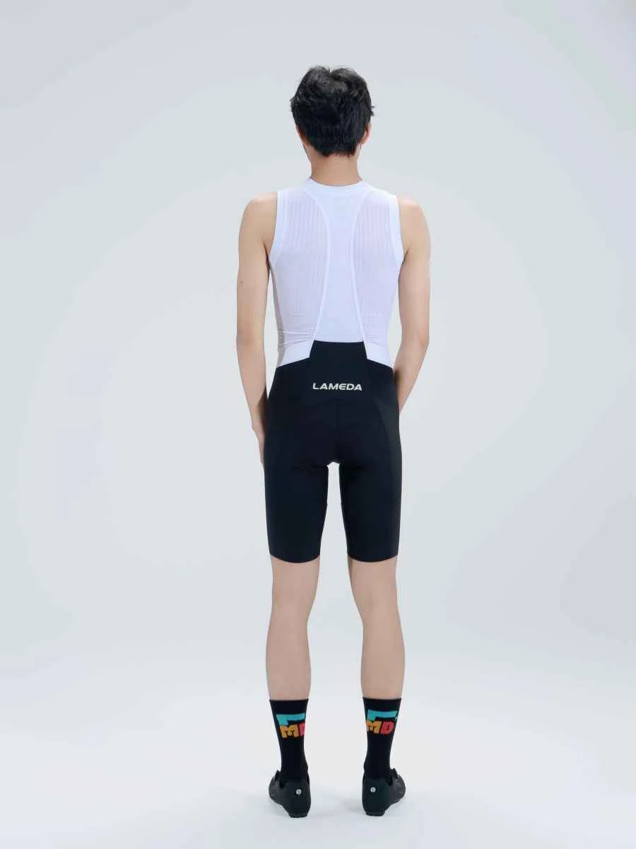 Black lameda dash men’s cycling bib shorts with adjustable waistband and white mesh back panel featuring logo