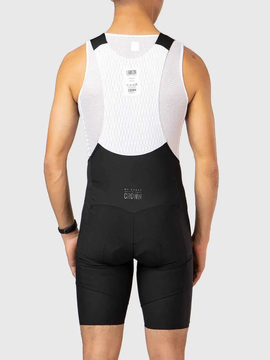Dazzling men’s black cycling bib shorts with breathable mesh back panel for basic men’s cycling performance