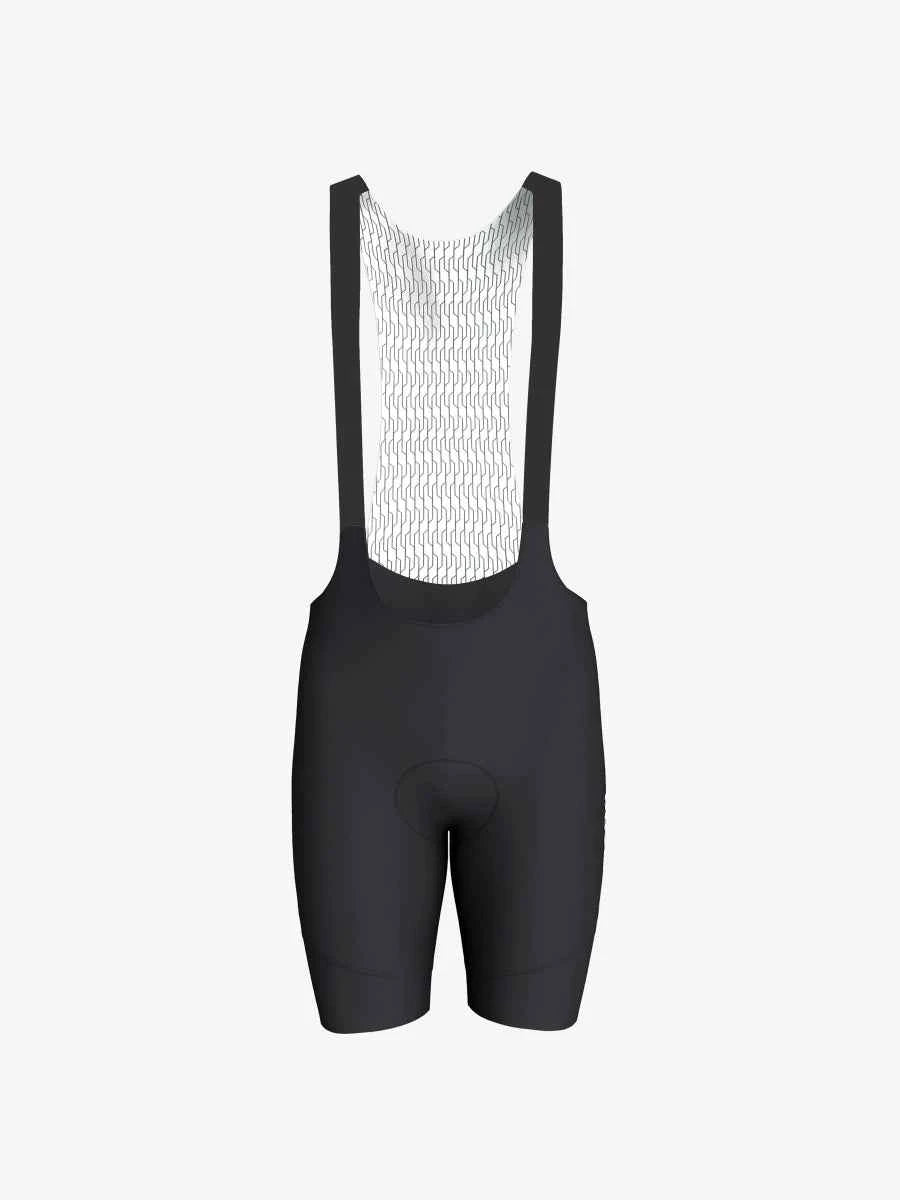 Black dazzling men’s cycling bib shorts with breathable mesh back panel and padded seat for basic cycling comfort