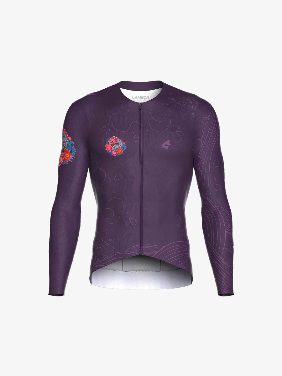 Dragon soar herrarnas långärmad cykeltröja i lila med intrikata röda blå och vita blommiga vågmönster