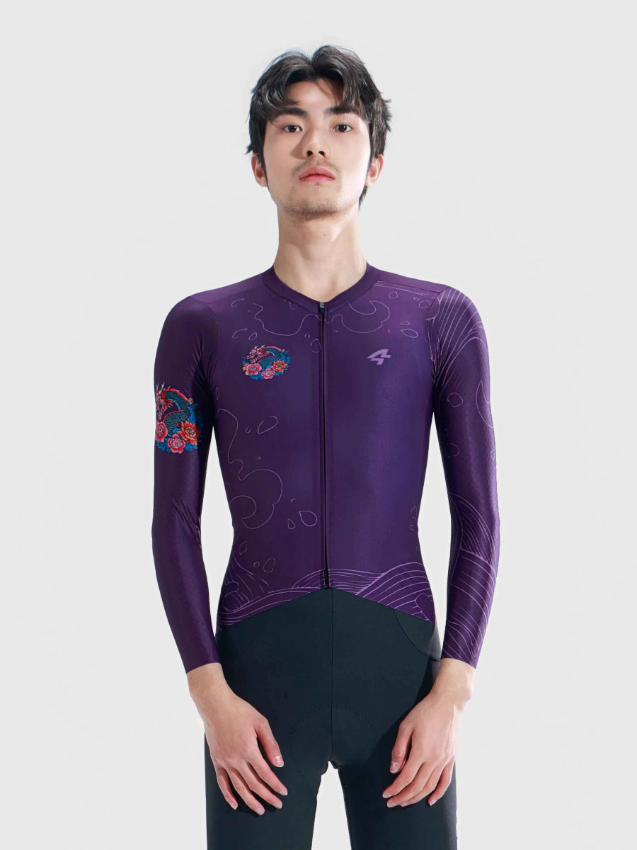Purple dragon soar långärmad herrcykeltröja med detaljerad blom- och våvembroderi och diskret logotyp nära kragen