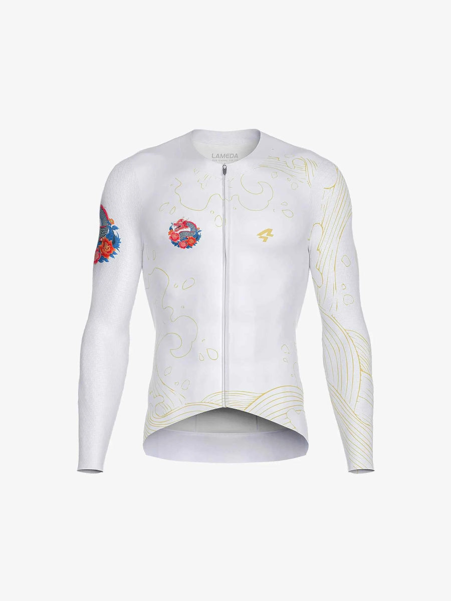 Vit LAMEDA dragon soar herr cykeltröja med jakardärmar guld och röda blomsterbroderier och 5cm halksäker fåll
