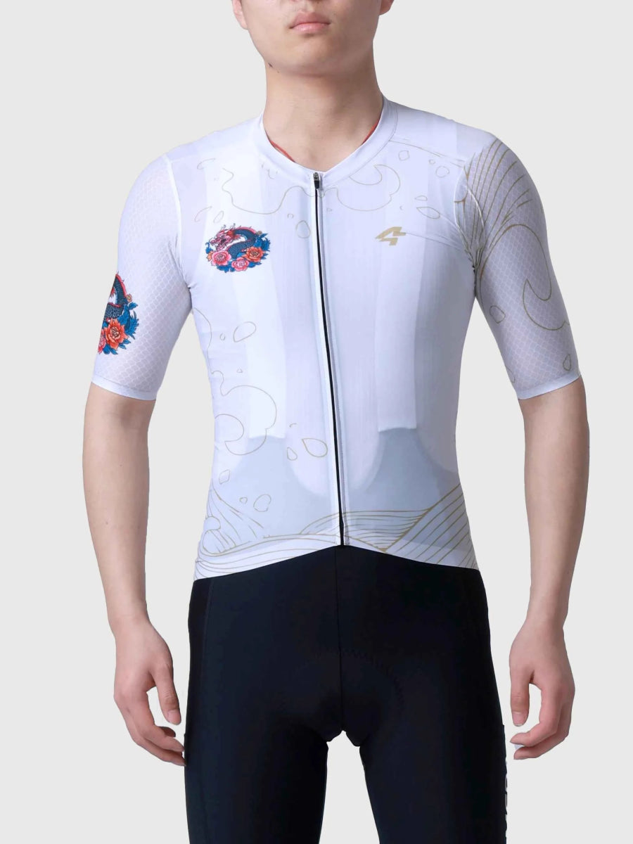 Dragon soar herrars vit kortärmad cykeltröja med blommönster och abstrakta linjemönster och logotypdetaljer på bröstet