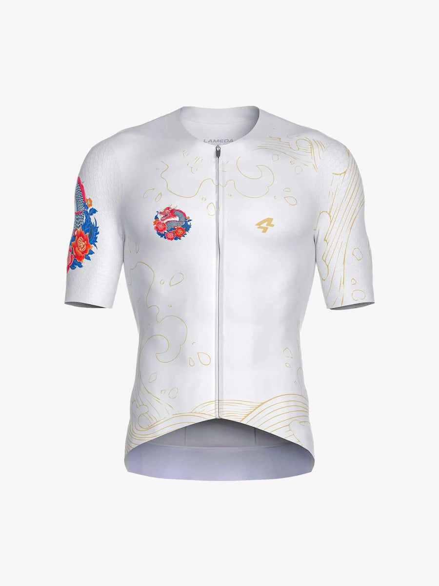 White dragon soar cykeltröja för män med detaljerat guld, rött och blått drak- och blomsterbroderi och logotyp på bröstet