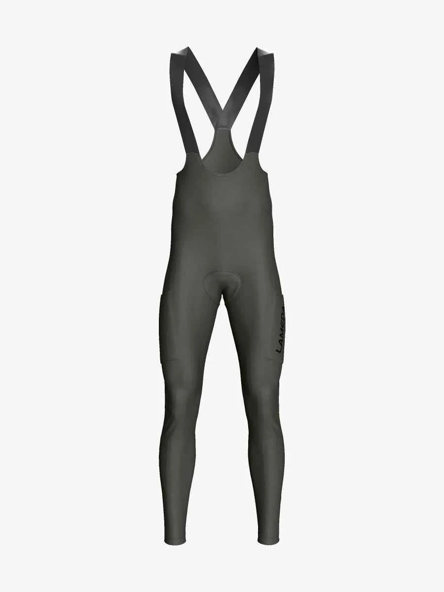 Dark gray drift men’s thermal fleeced bib tights with form-fitting design and adjustable cross-back straps visible from the back