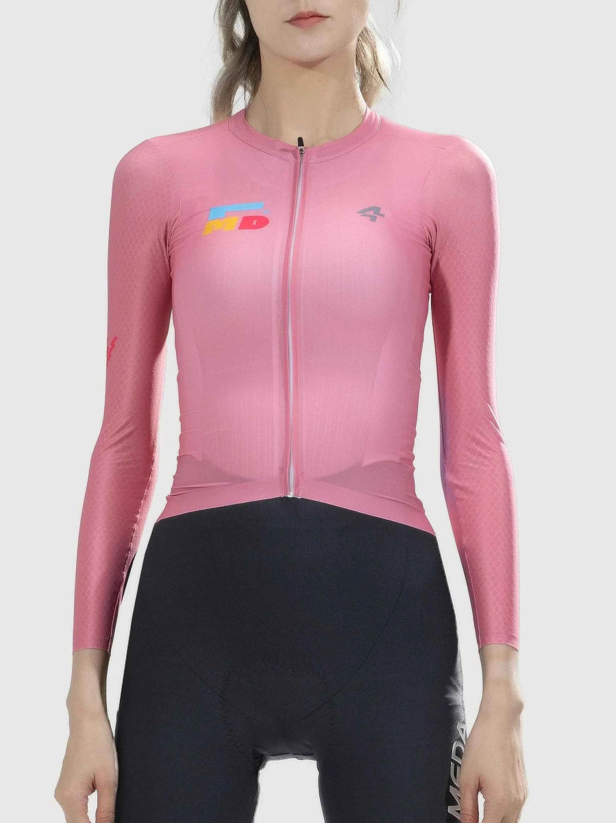 Roze langmouw fietstrui met volledige ritssluiting en kleurrijk logo van LAMEDA enchanting women’s collection