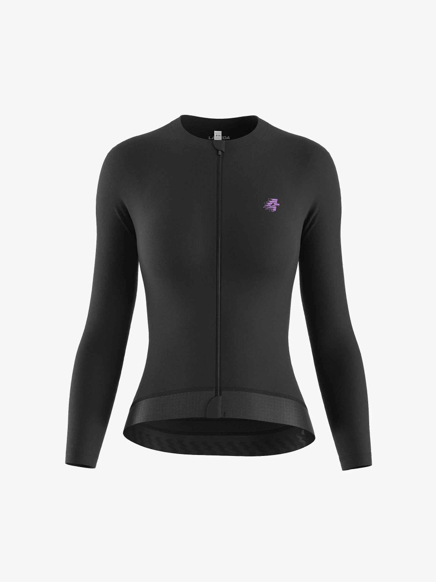 Ethereal långärmad svart damcykeltröja med diskret lila logotyp med LAMEDA Ethereal skyddande blixtlås