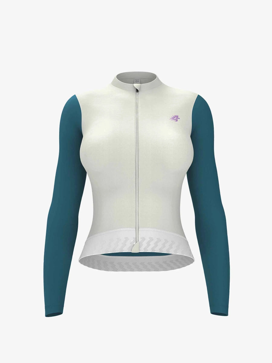 Ethereal långärmad damcykeltröja cloud blend i gräddvit och teal med hel dragkedja och LAMEDA Ethereal logo