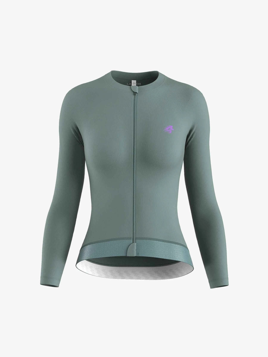 Ethereal långärmad damcykeltröja i gråoliv med ribbad struktur dubbelskiktade fickor och skyddande blixtlås från LAMEDA Ethereal