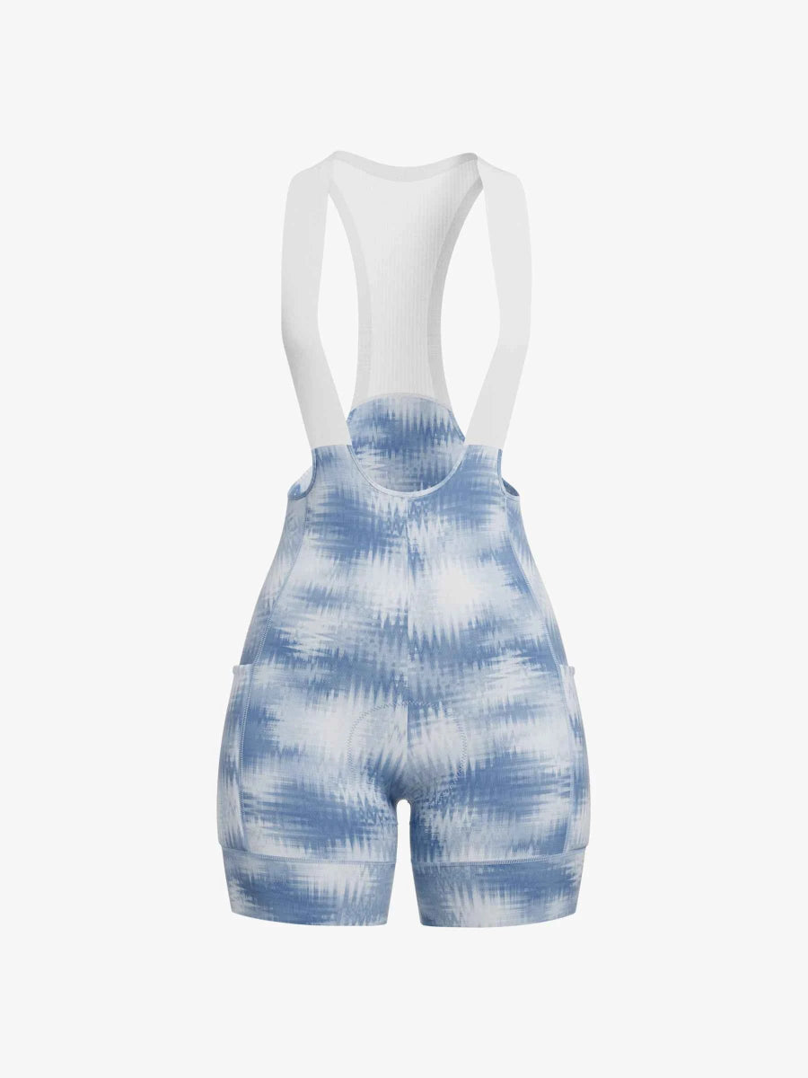 blåvita tie-dye-mönstrade blommiga LAMEDA damcykelhängbyxor med vita justerbara axelremmar i bläckblå