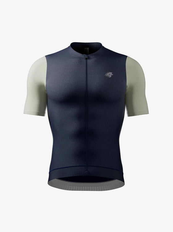 Dark navy flutter men cycling jersey with light olive sleeves color-block cycling jersey featuring subtle chest logo