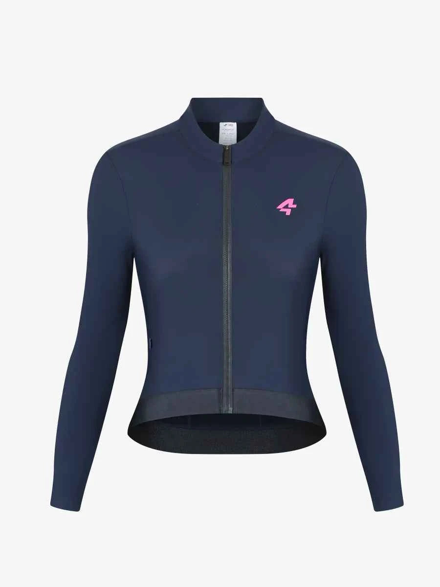 Marinblå freeze 20-årsjubileum dam fleecefodrad termisk cykeltröja med rosa logotyp för 5-10°c 41-50°f väder