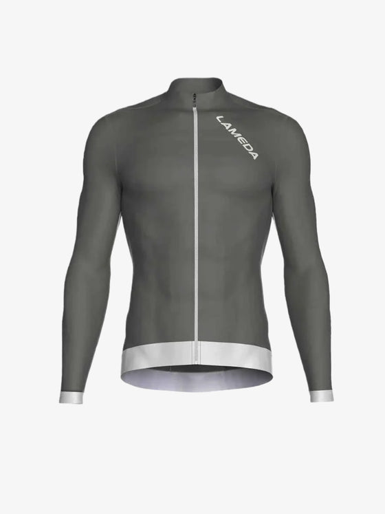 Gray fleeced thermal long-sleeved cycling jersey with white zipper and trim for men Freeze thermal jersey