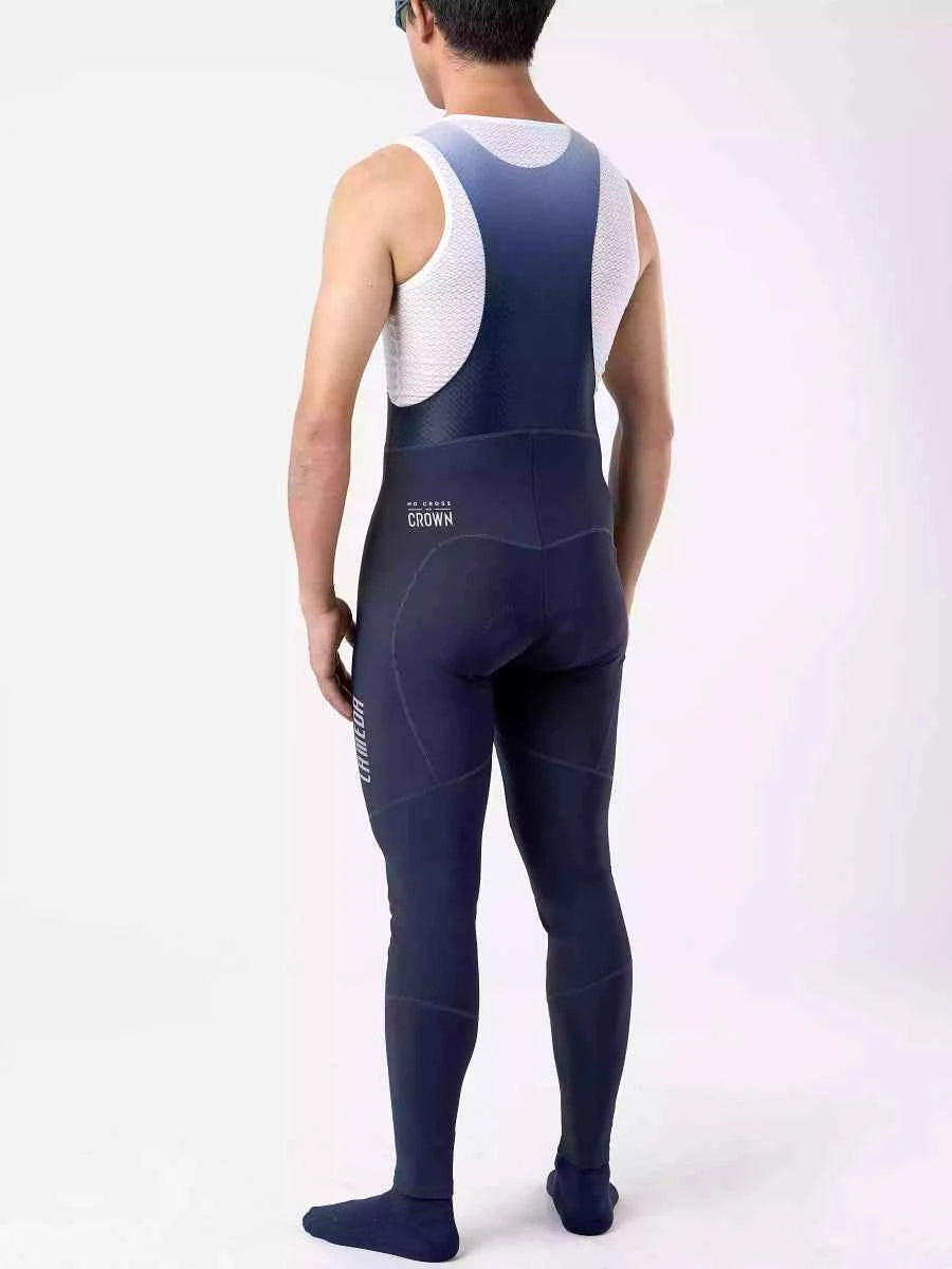 Future men’s thermal fleeced navy bib tights with navy blue and white mesh and reflective strips for early winter use