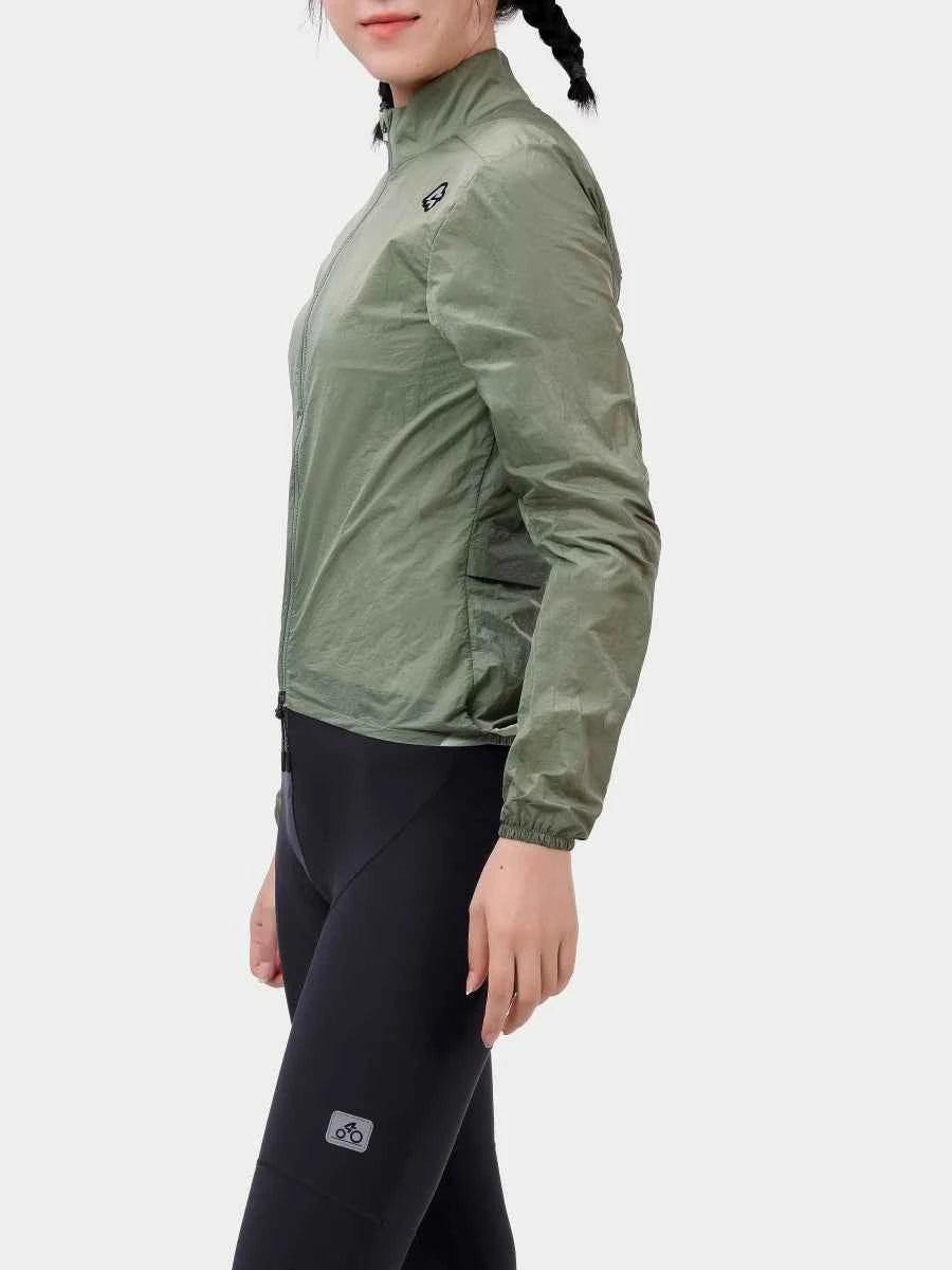 Olivgrön gale damcyklingvindjacka tillverkad av ultralätt 460t nylon med reflekterande logotyp och elastiska manschetter