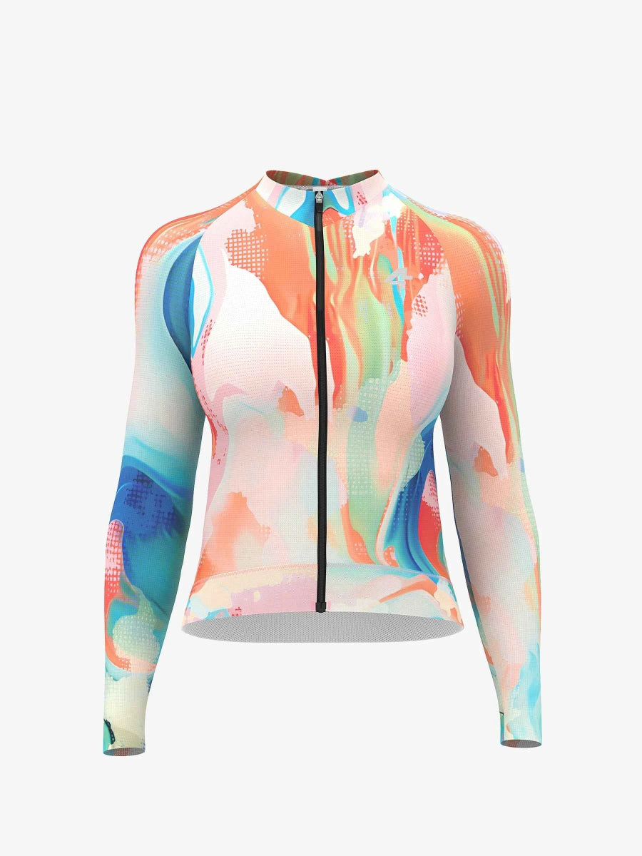 Hue långärmad damcykeltröja i rökblå med abstrakt mönster i korall teal rosa tillverkad av toray polyester avleder svett