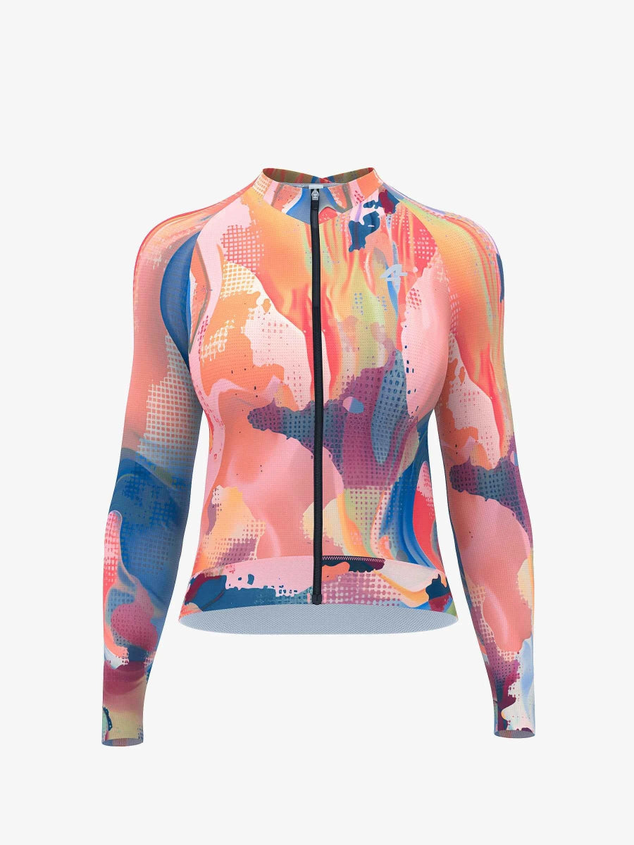 Hue långärmad damcykeltröja i rökrosa med korallblå och lila färgstänk tillverkad av toray polyester svetttransporterande