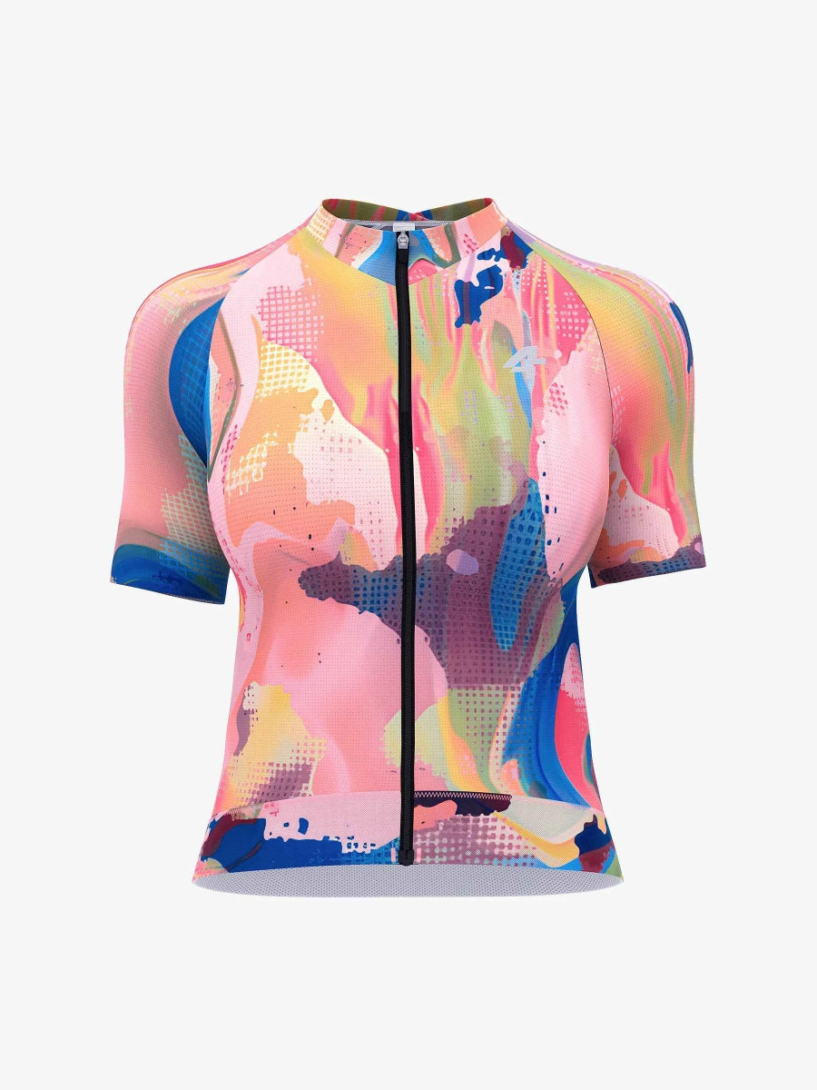 Hue dames wielershirt in rokerig roze met levendig abstract verfspattenontwerp perfect voor gevorderde wielerparen