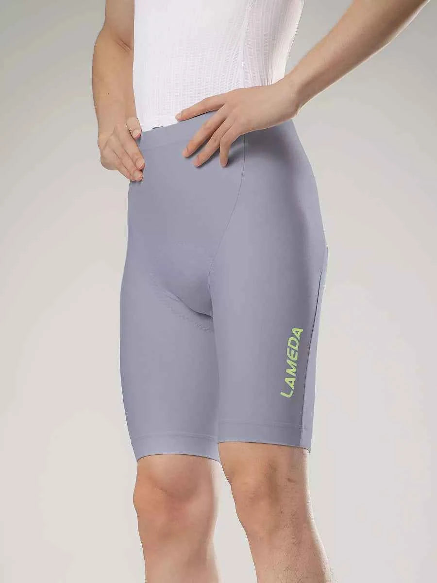 Lameda 20th Anniv special men’s gray cycling shorts with elastic interface, sleek thigh construction, and yellow branding