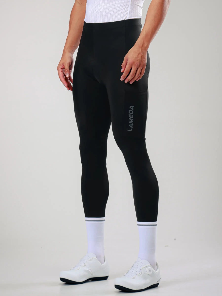 Lameda 20th anniv special black cycling tights with elastic interface thigh construction and sleek gray branding