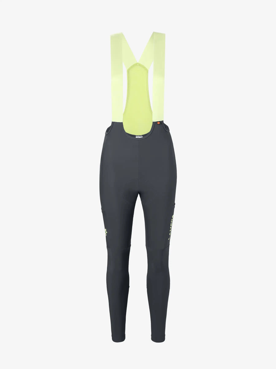 Mörkgrå LAMEDA damcykelhängseltights med klar limegröna elastic interface® vadderade hängsele och diskreta logotyper