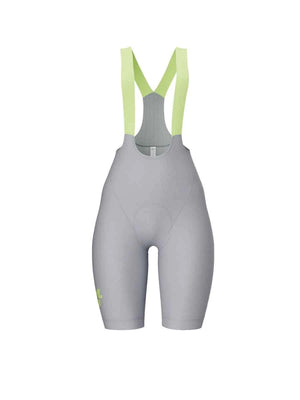 Lameda 20th Anniv special women’s gray cycling bib shorts with neon yellow elastic interface® suspenders and subtle thigh logo