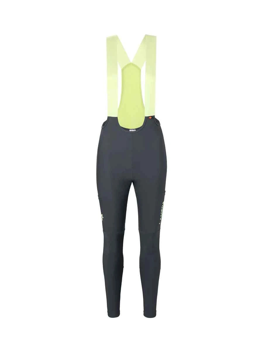 Svarta LAMEDA cykelhängtights för damer med neongula elastiska interface hängremmar och vadderat sadelområde grå modell