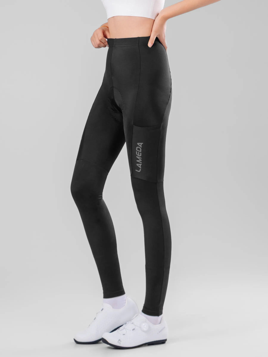 Svart LAMEDA 20:e årsjubileums special vadderade damcykeltights med elastiskt gränssnitt och grå varumärkning på låret
