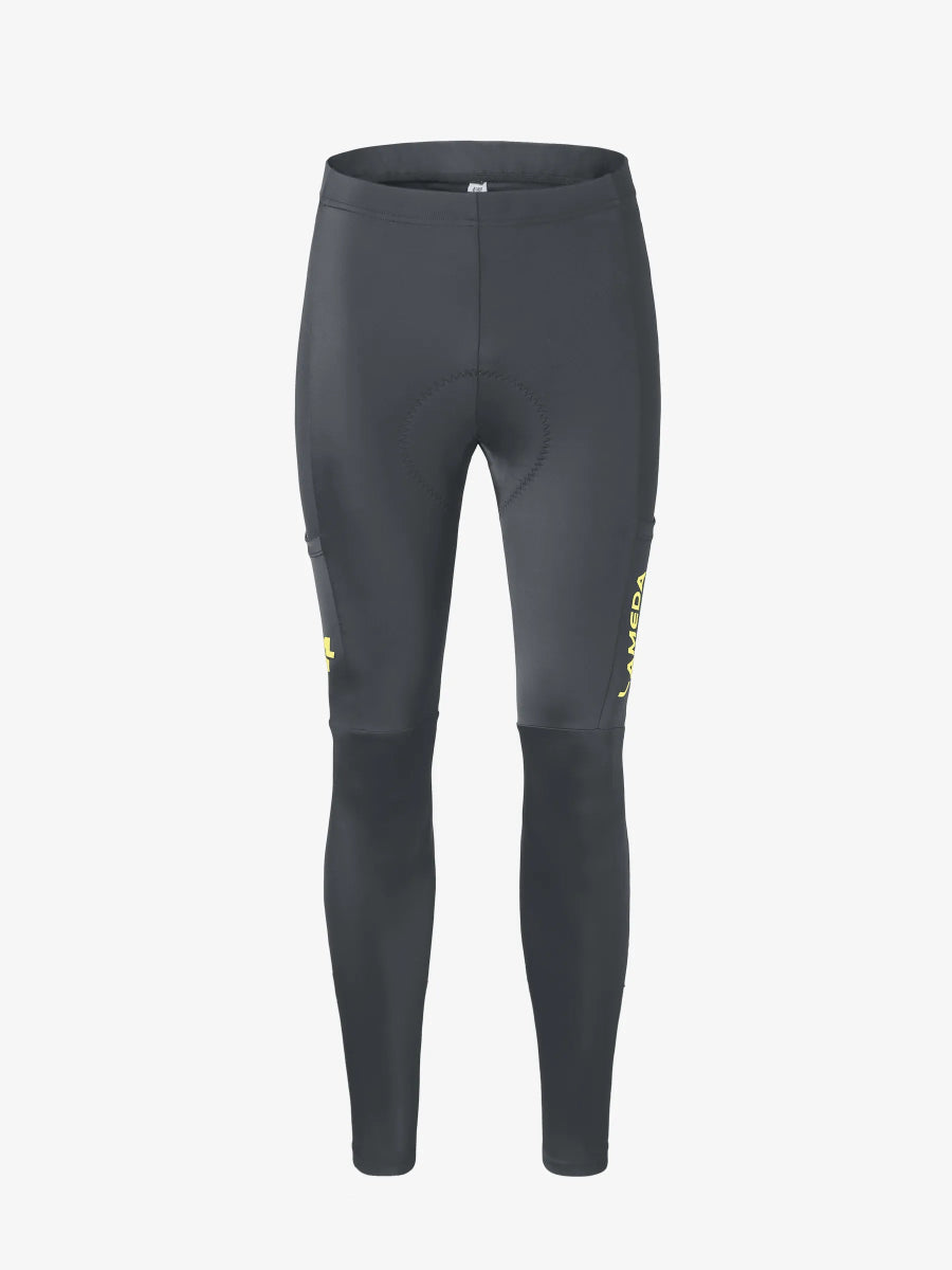 Svart vadderade cykeltights för damer med neongult LAMEDA-märke på sidan och elastisk mellanväv för komfort