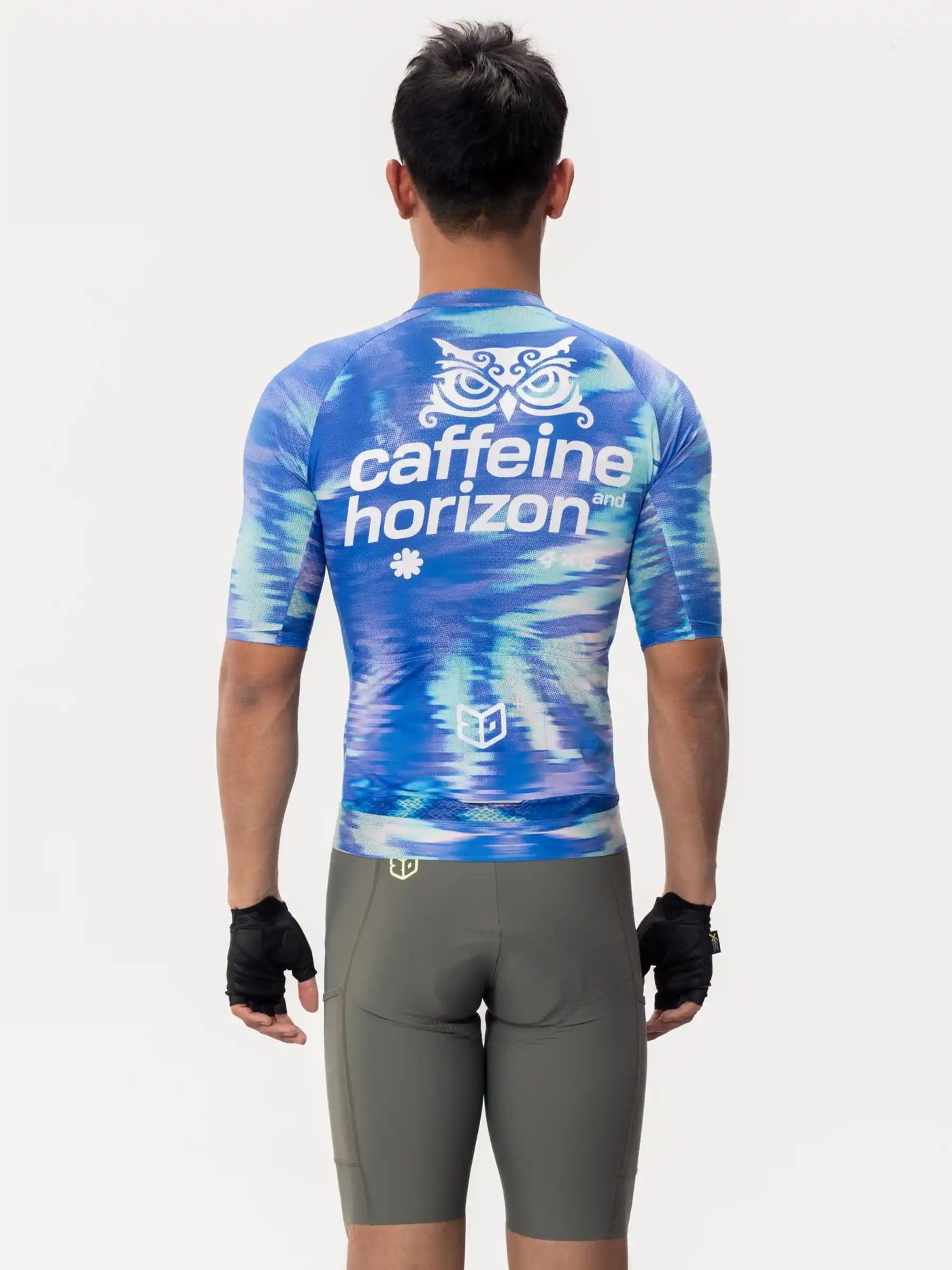 blå och vit tie-dye unisex cykeltröja med uggla logotyp och caffeine horizon text LAMEDA x australisk studio unisex cykling