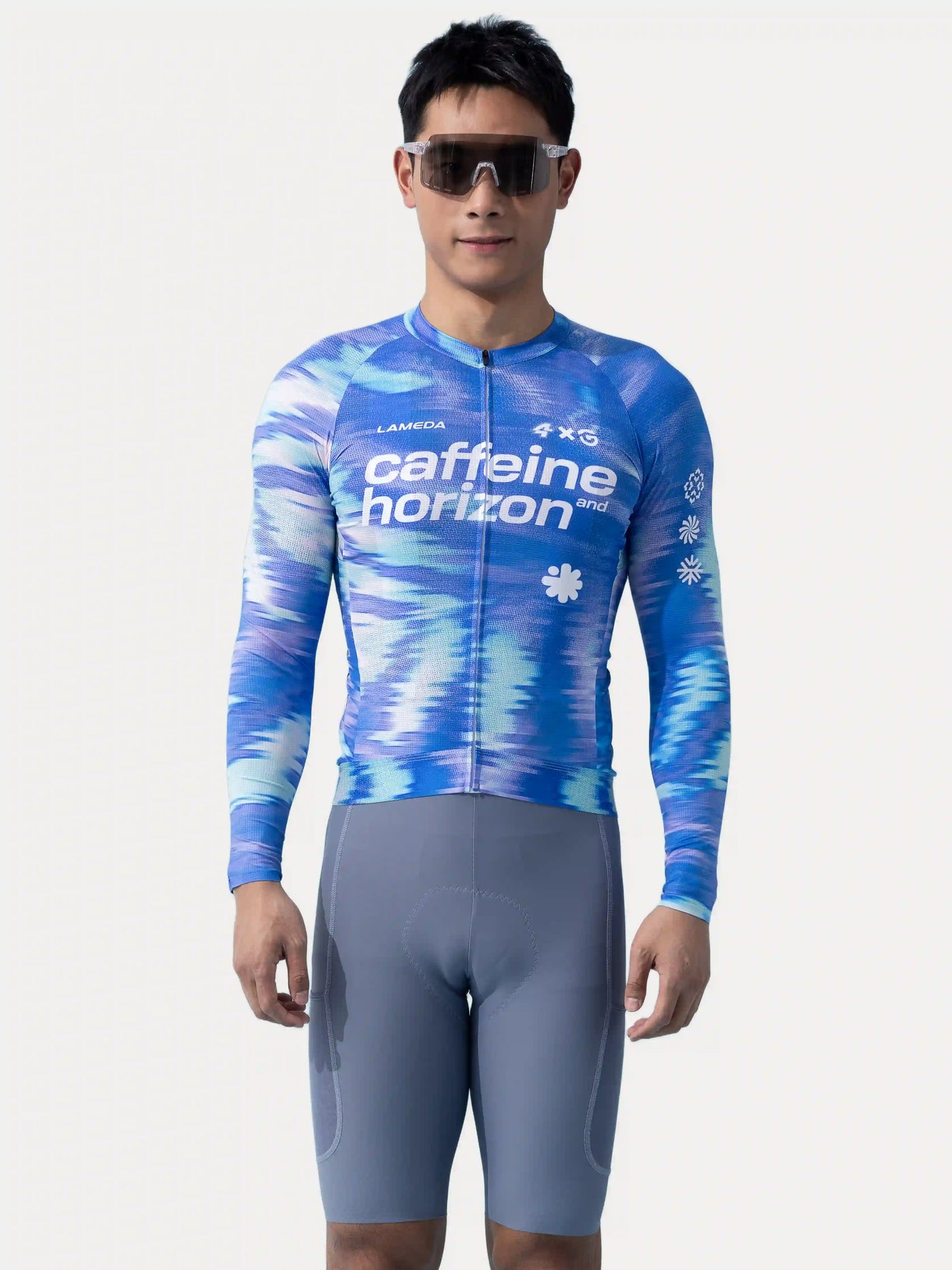 Blå och vit tie-dye långärmad cykeltröja med Caffeine Horizon varumärkning LAMEDA x Australian Studio unisex