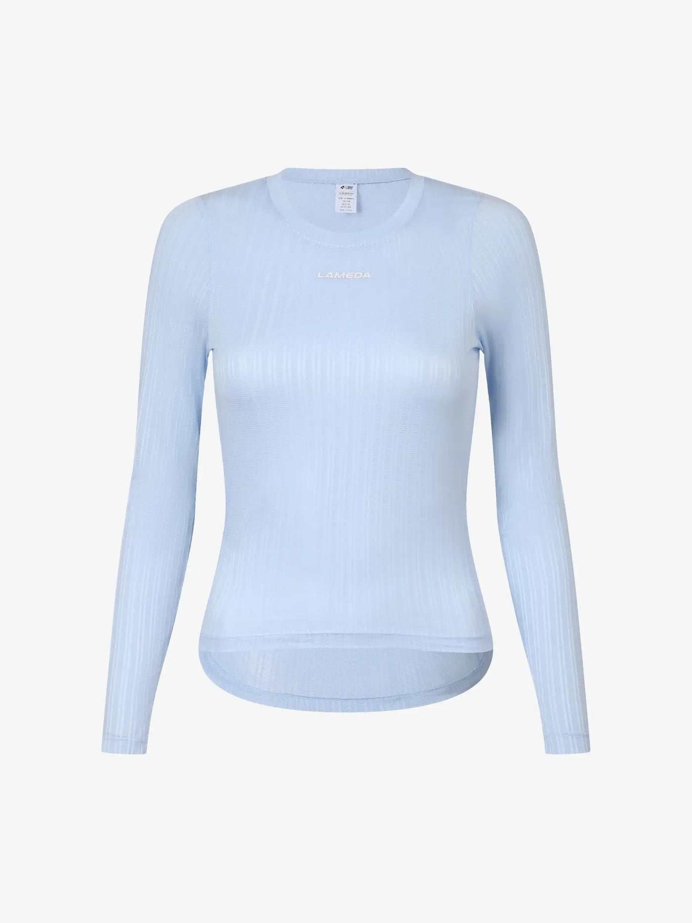 lättvävd långärmad blå ribbad dambaslagertopp med diskret broderad logotyp perfekt för LAMEDA clouds damernas airflow mesh
