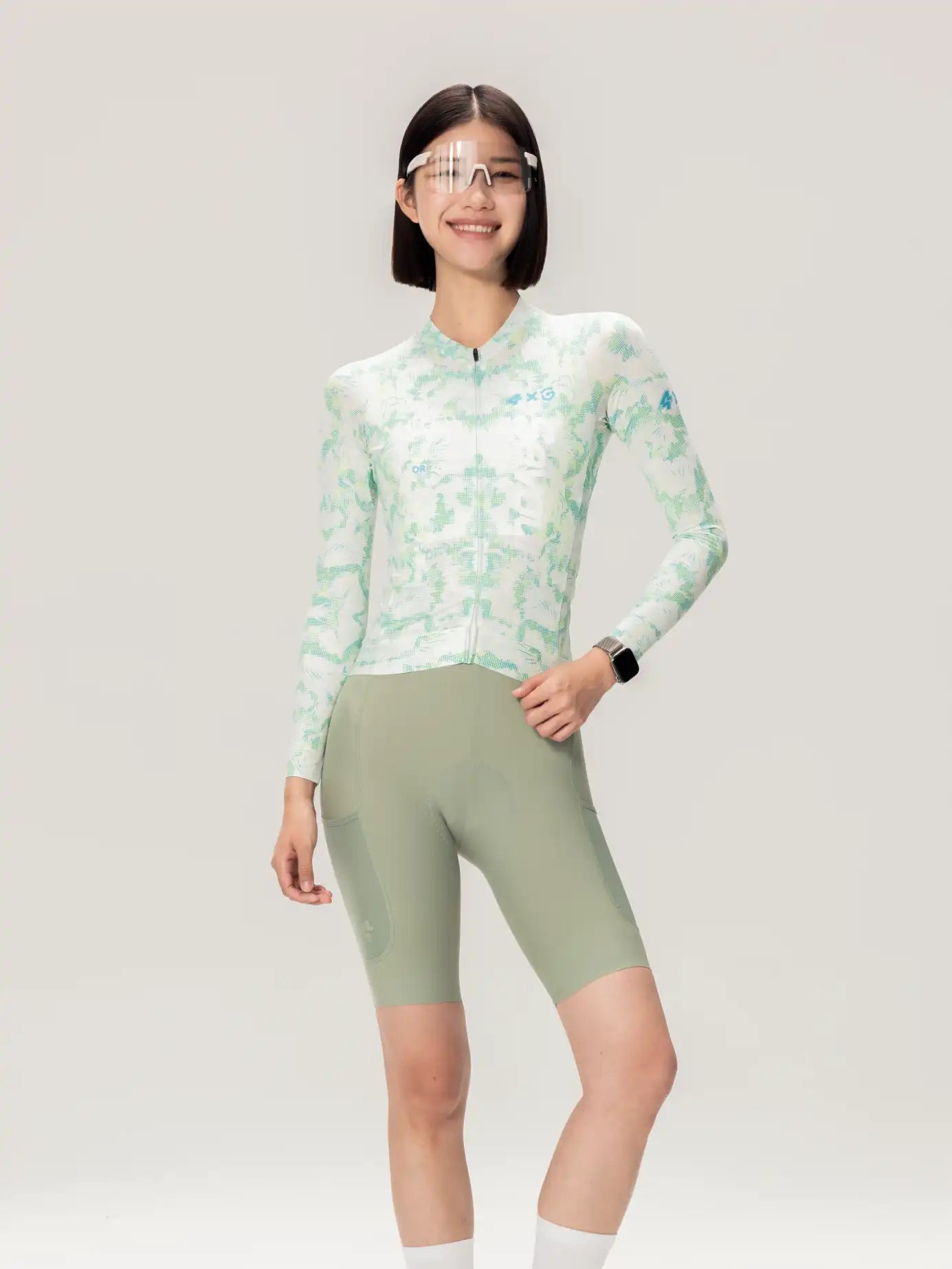 A lameda x australian studio unisex cycling long-sleeved jersey in light green and white with full-length zipper