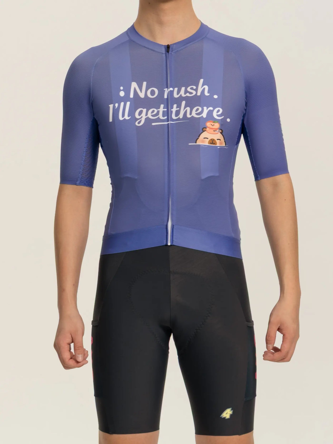 Blå kortärmad LAMEDA x Capybara australisk studio unisex cykeltröja med vit text och tecknad grafik