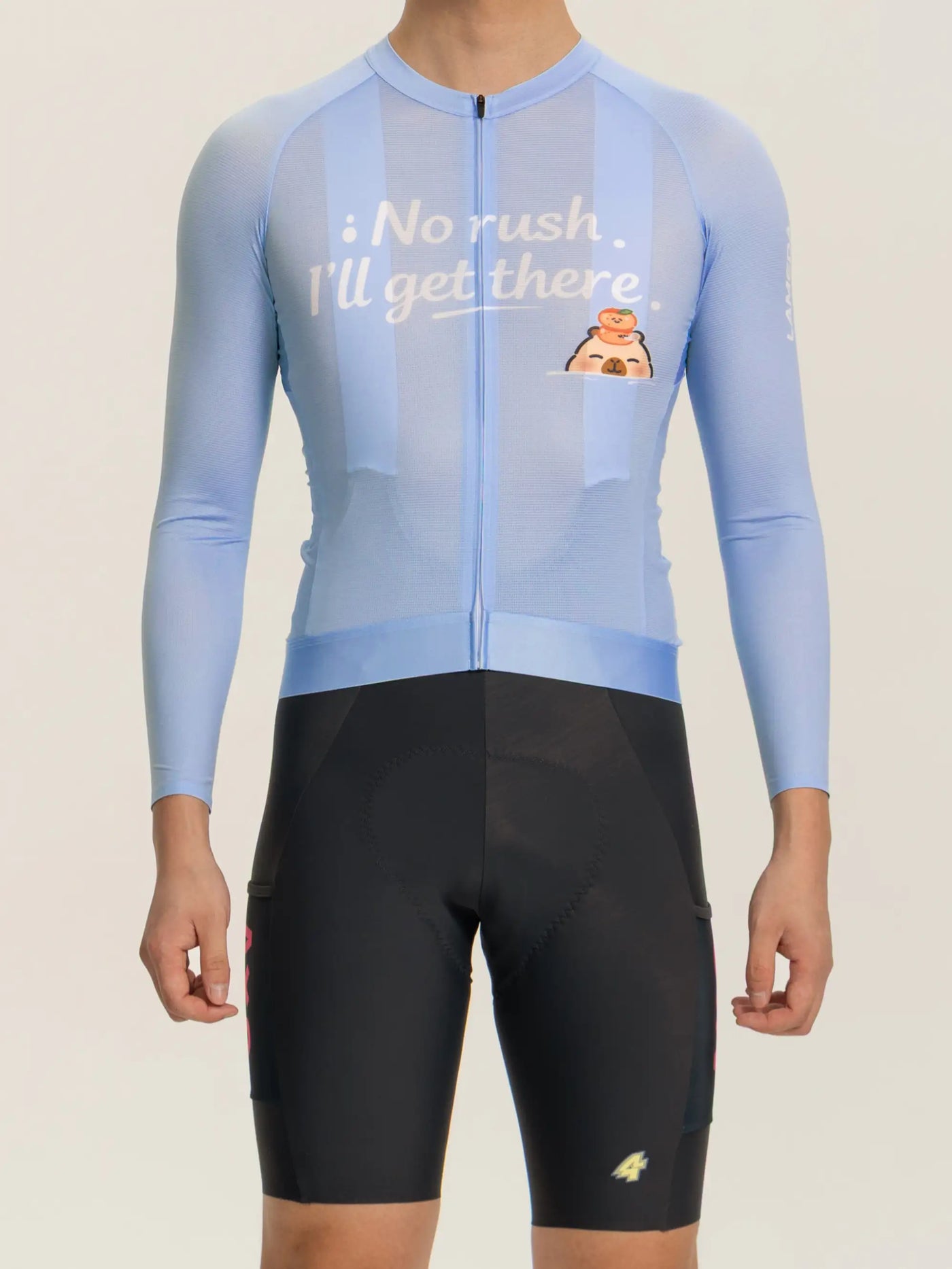 Ljusblå långärmad LAMEDA x Capybara australiskt studio unisex cykeltröja med vit no rush-tryck