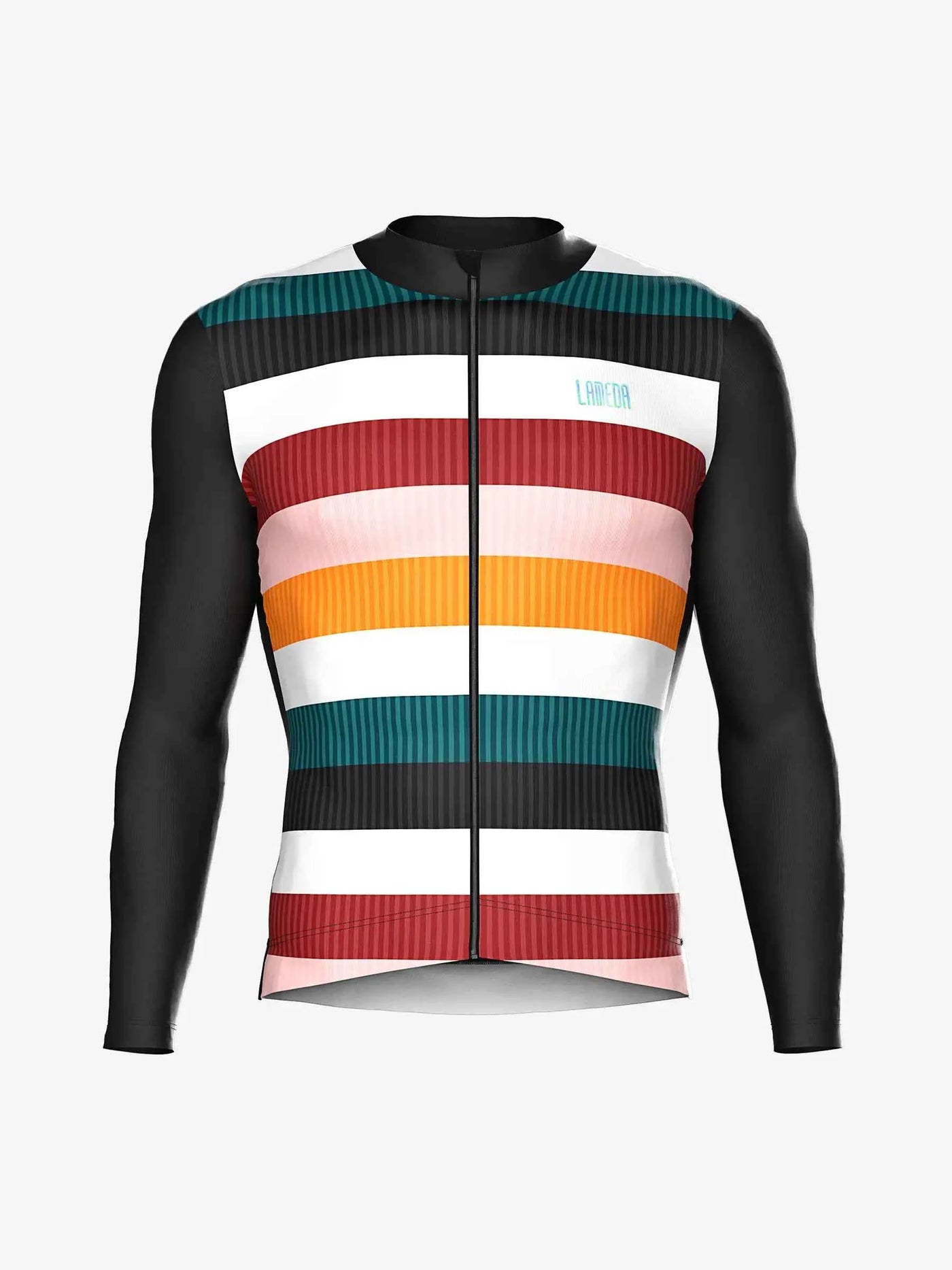 Färgrik unisex fleecead värmecykeltröja med ribbad struktur och horisontella ränder i rött vitt orange teal och svart