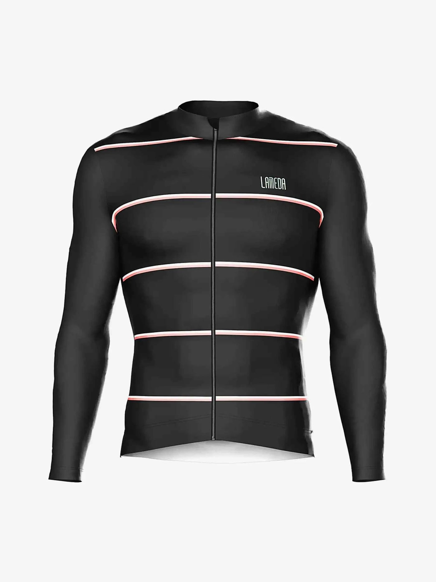 Svart mångfärgad unisex fleecefodrad termisk cykeltröja med rosa ränder och LAMEDA-logo i vattenavvisande tyg