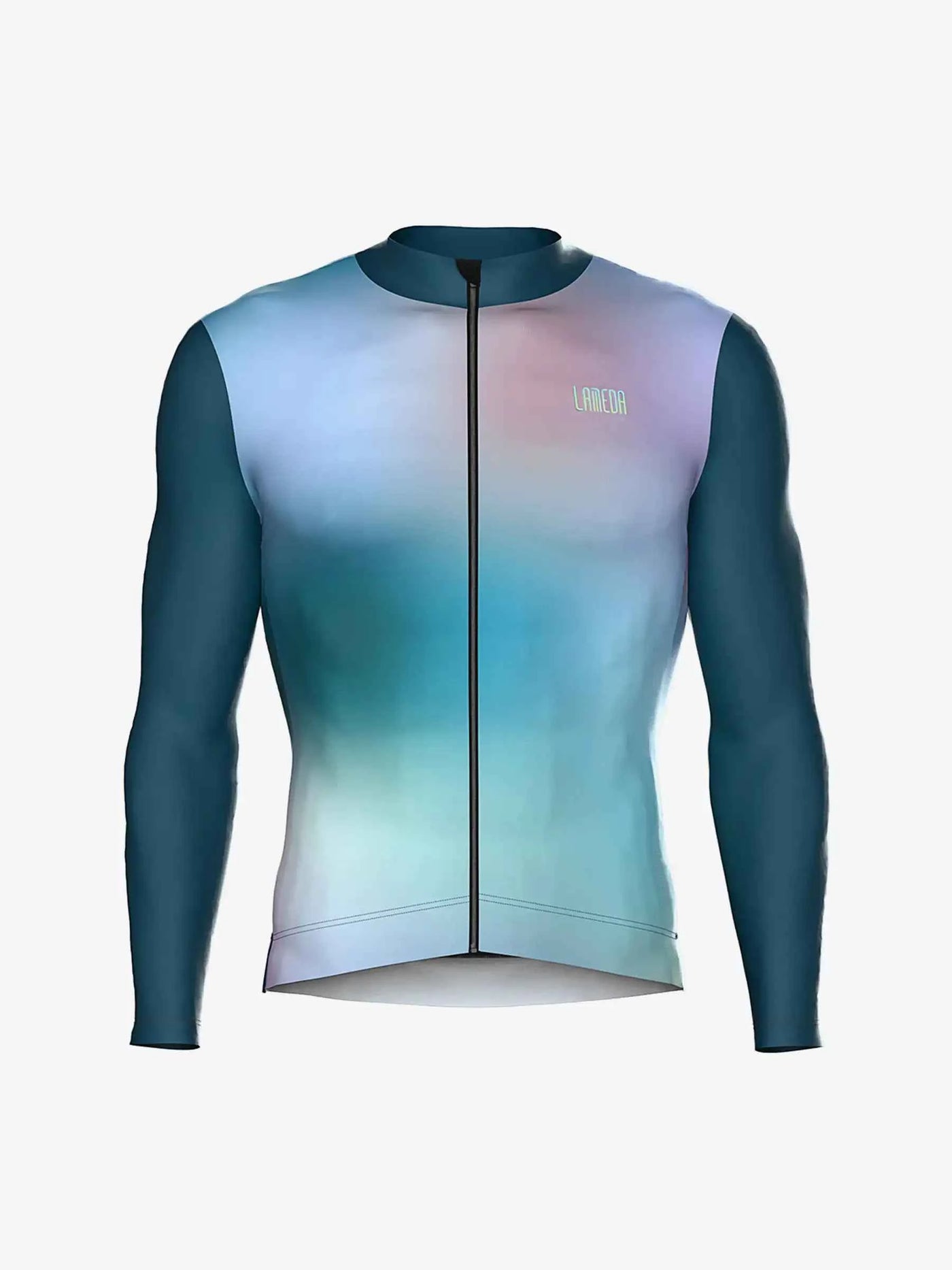 En färgrik unisex värmande cykeltröja av slät fleeceväv med färgövergång från djup tealblå till lavendel och ljusblå
