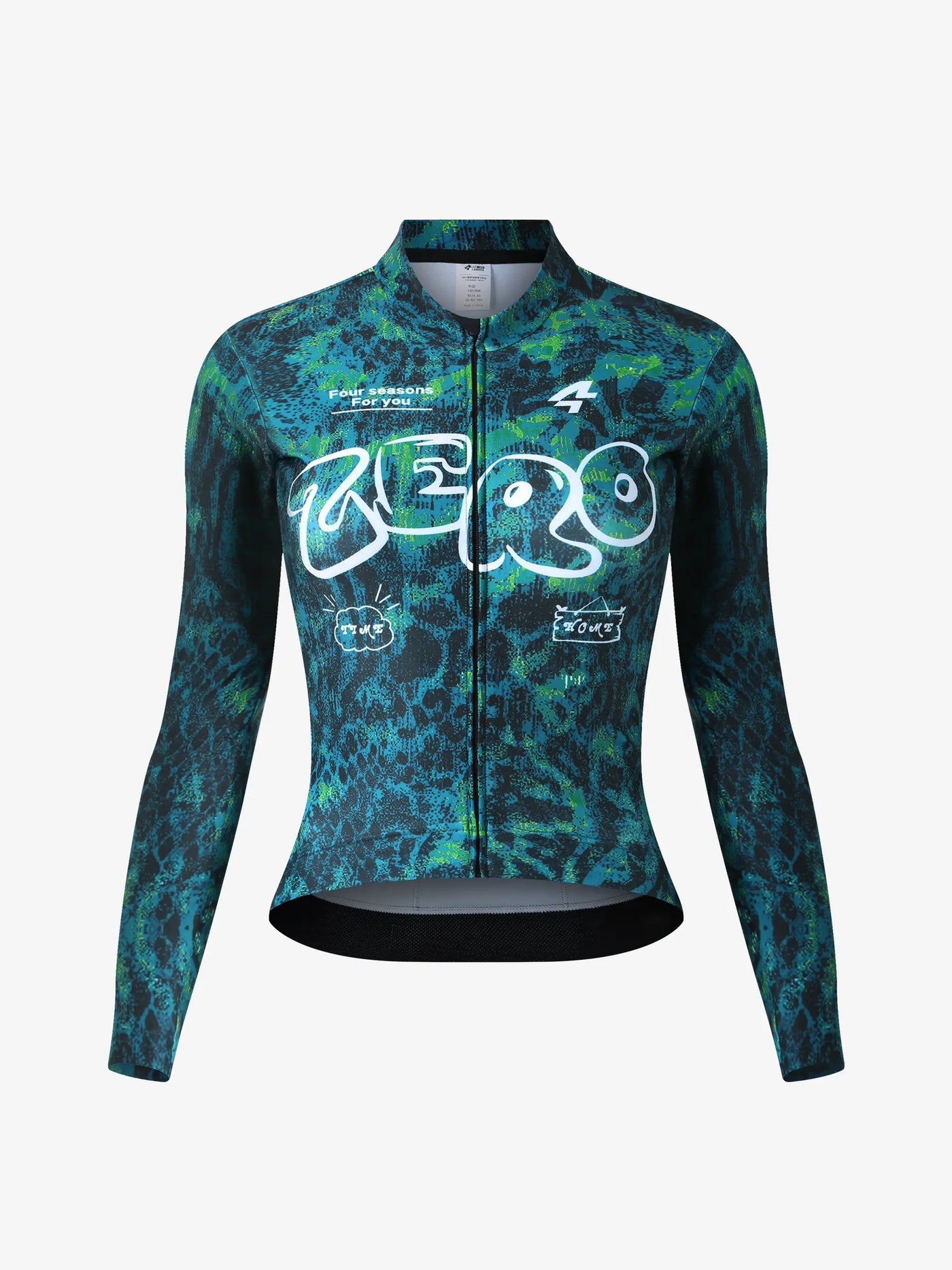 Unisex fleecefodrad termisk cykeltröja z808 grön med blågrönt och svart mönster och framträdande vit zero-grafik i vattenavvisande tyg