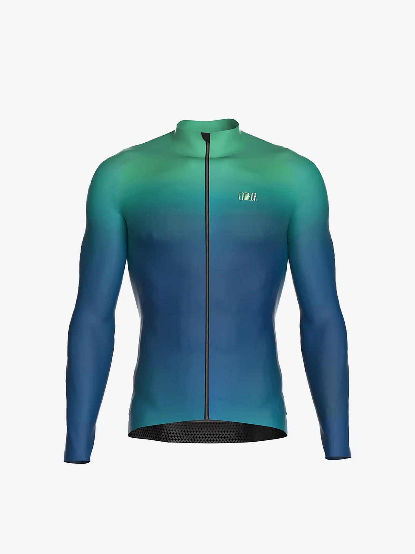 Dusk herr termisk långärmad cykeltröja i blixtblå med gradient från teal till djupblå LAMEDA Dusk design