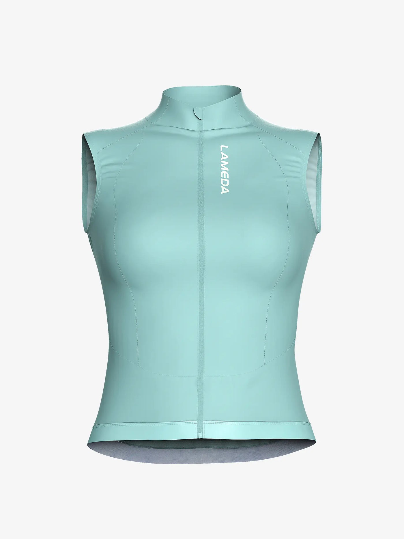 Nova vindtät damcykelväst i ljus teal tillverkad av återvunnen polyester sorona t800 garn med hel dragkedja