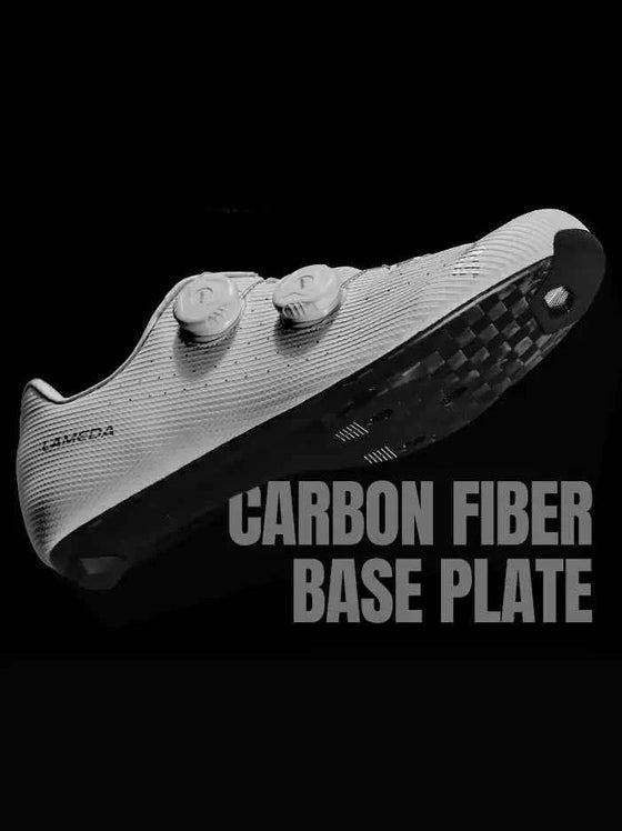 White laneda es-06 carbon fiber cycling cleat shoe with carbon fiber sole, two silver buckle closures, and widened toe box